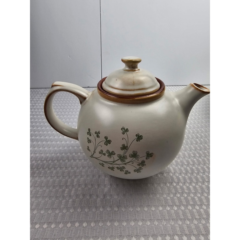 Vintage Stoneware Teapot Green Shamrock Clover Design Cream Brown Ceramic Lid